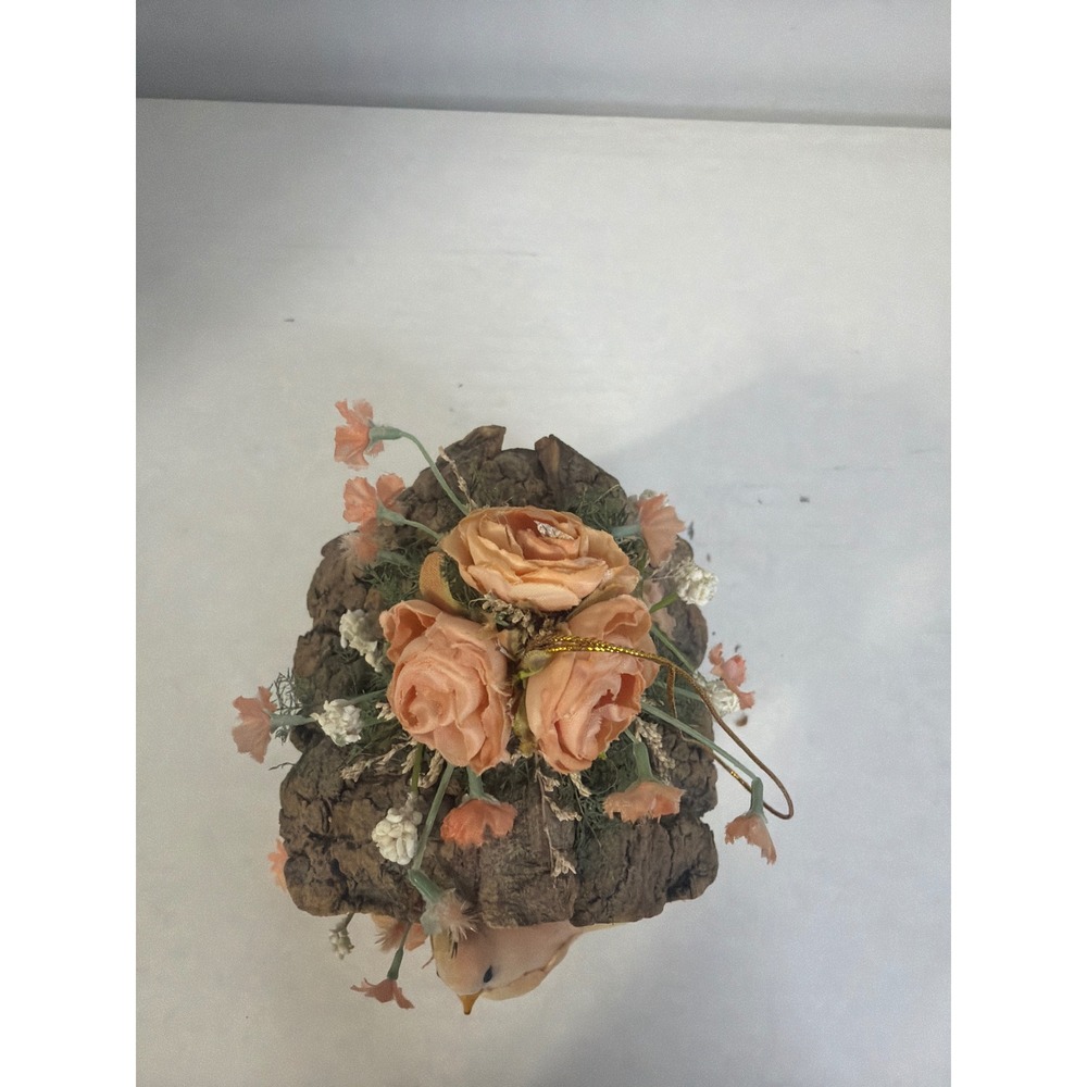 Rustic Bark and Nut Shell Birdhouse Ornament Peach Floral Accents - Picture 5 of 10